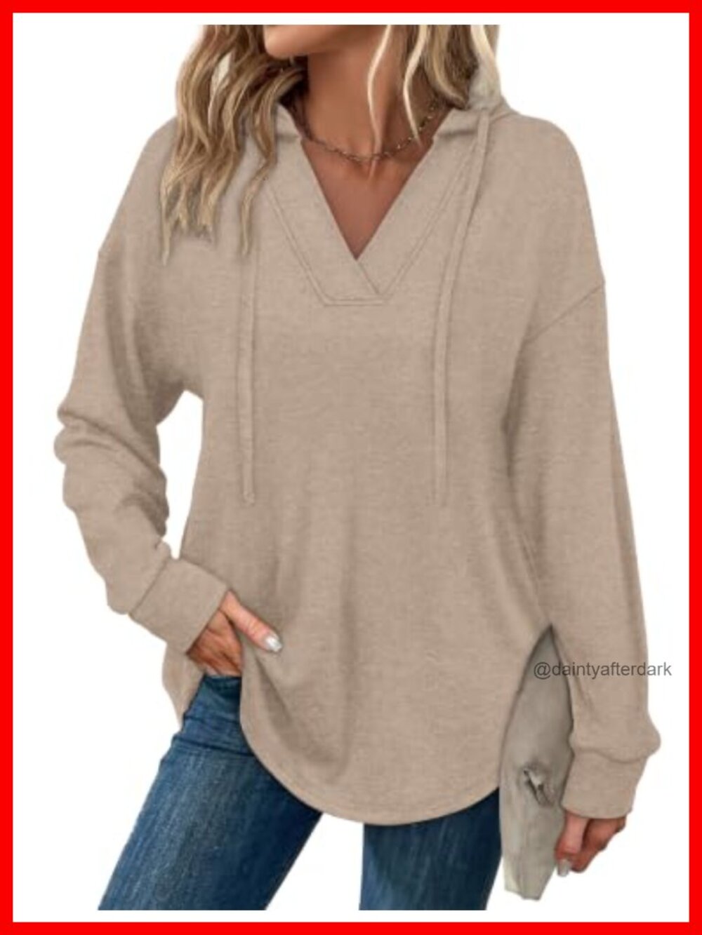 V Neck Oversized Tunic Hoodie Long Sleeve Sweatshirt Pullover Casual